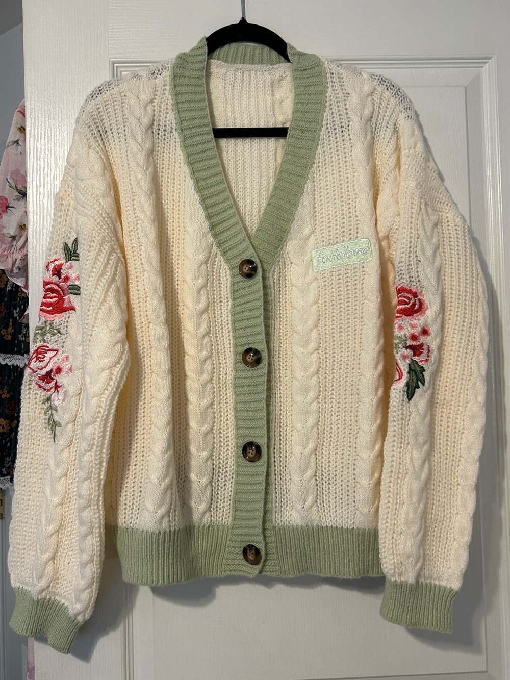 Taylor Swift Inspired Folklore Cable Knit Cardigan Sage Trim Floral Embroidery